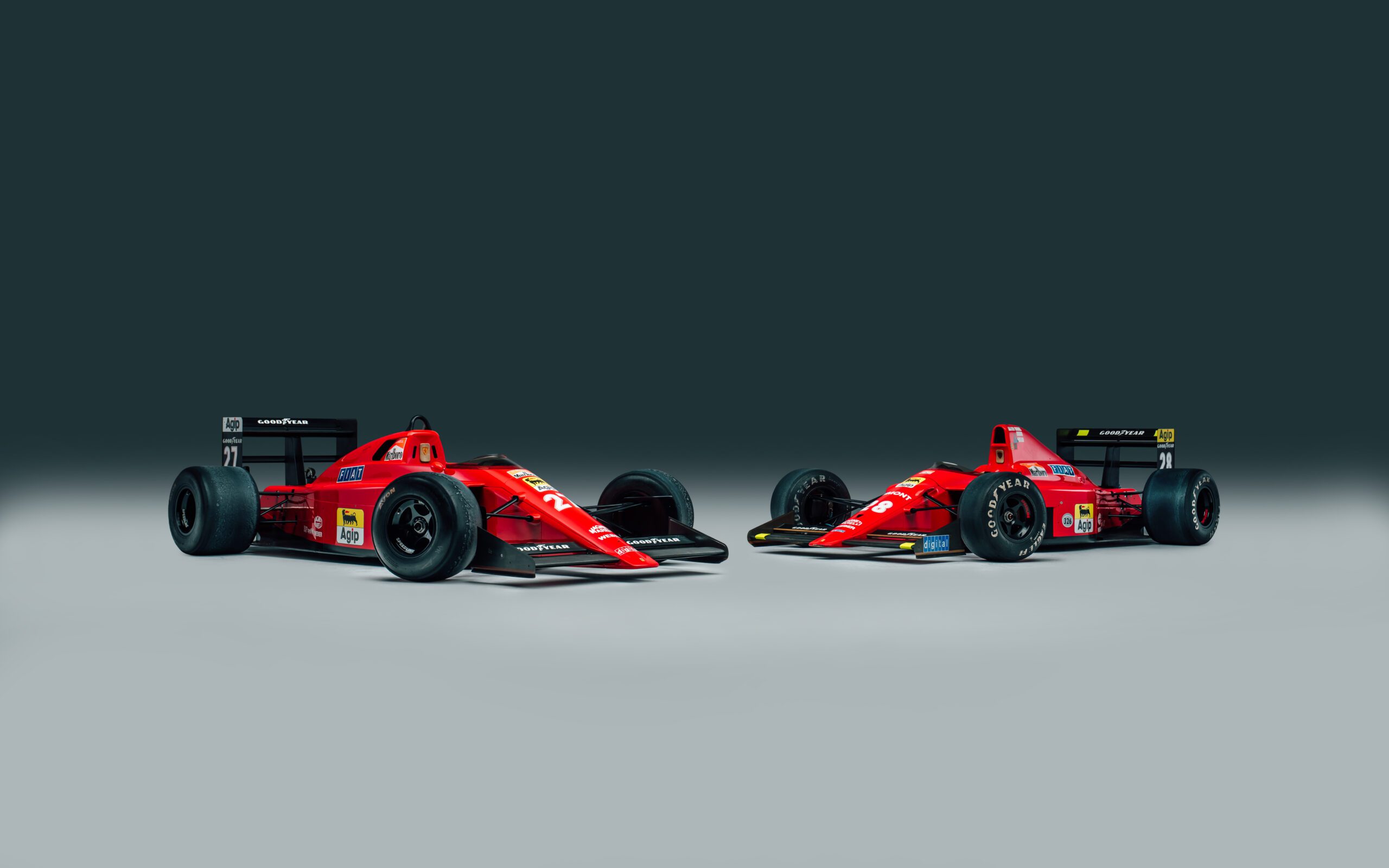 Ferrari 639 and 640 F1 cars parked together as parts of the Scuderia '89 collection by Furlonger
