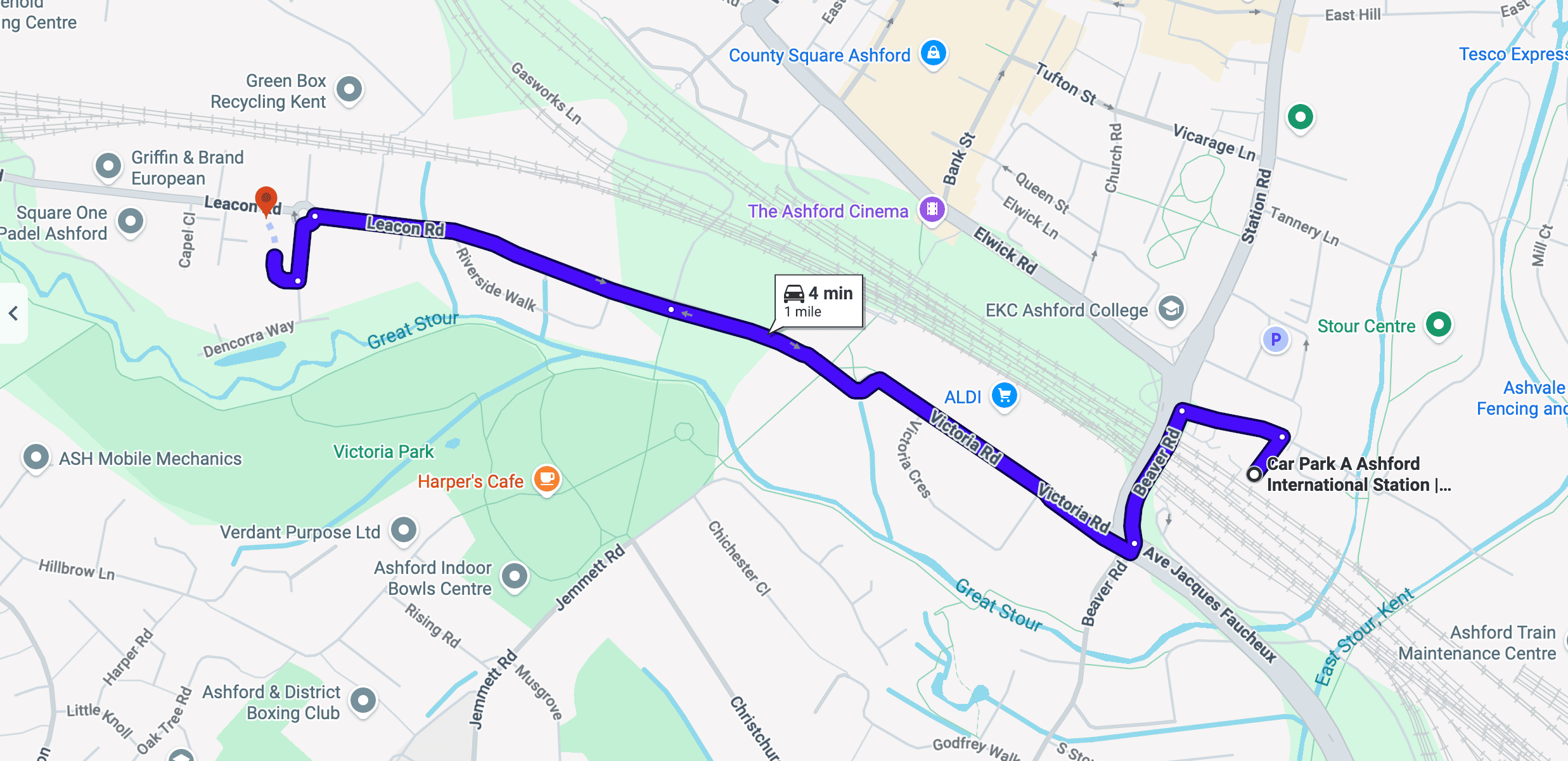 Location of Furlonger Specialist Cars from Ashford International Station