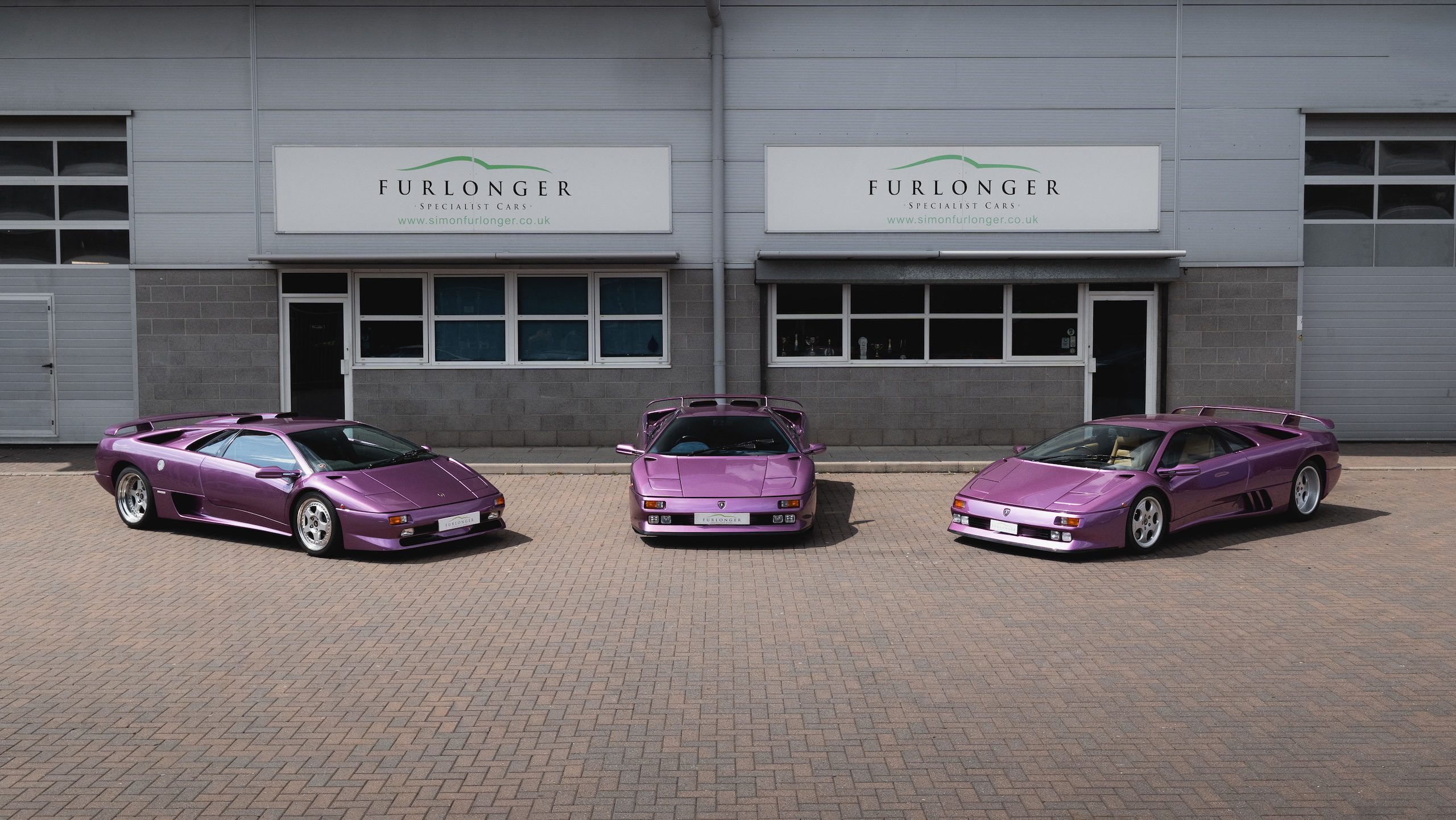 Viola 30 Lamborghini Diablo SV, SE30 JOTA and SE30 parked together outside Furlonger specialist cars.
